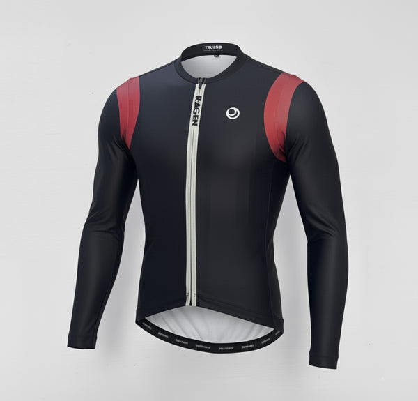 Black cycling long sleeve jersey with red accents on a gray background